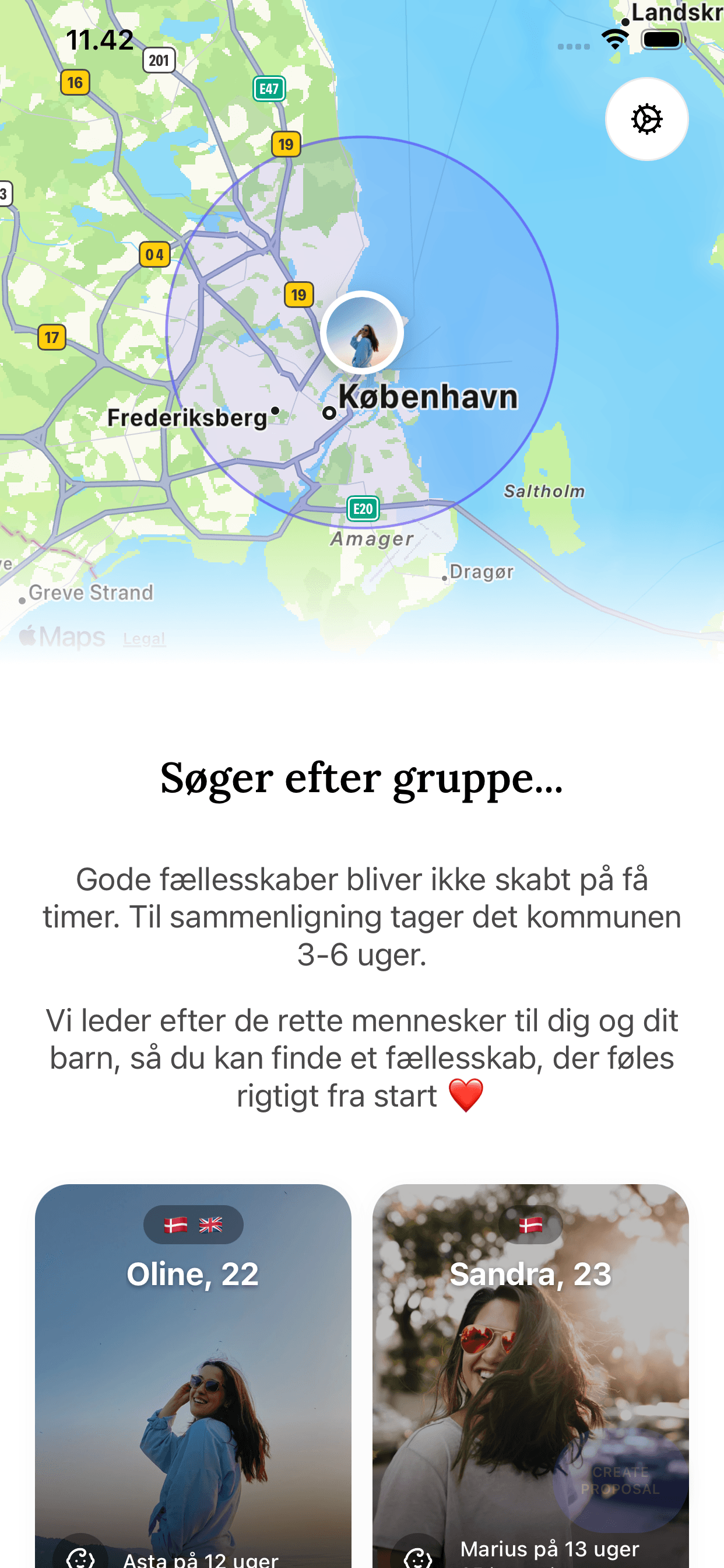 POPPY app søgeskærm der viser aktiv søgning efter forældregrupper